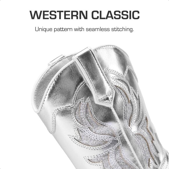 ⚡Girls Silver Square Toe Mid Calf Cowgirl Boots Western Fashion Riding Shoes - Picture 3 of 6